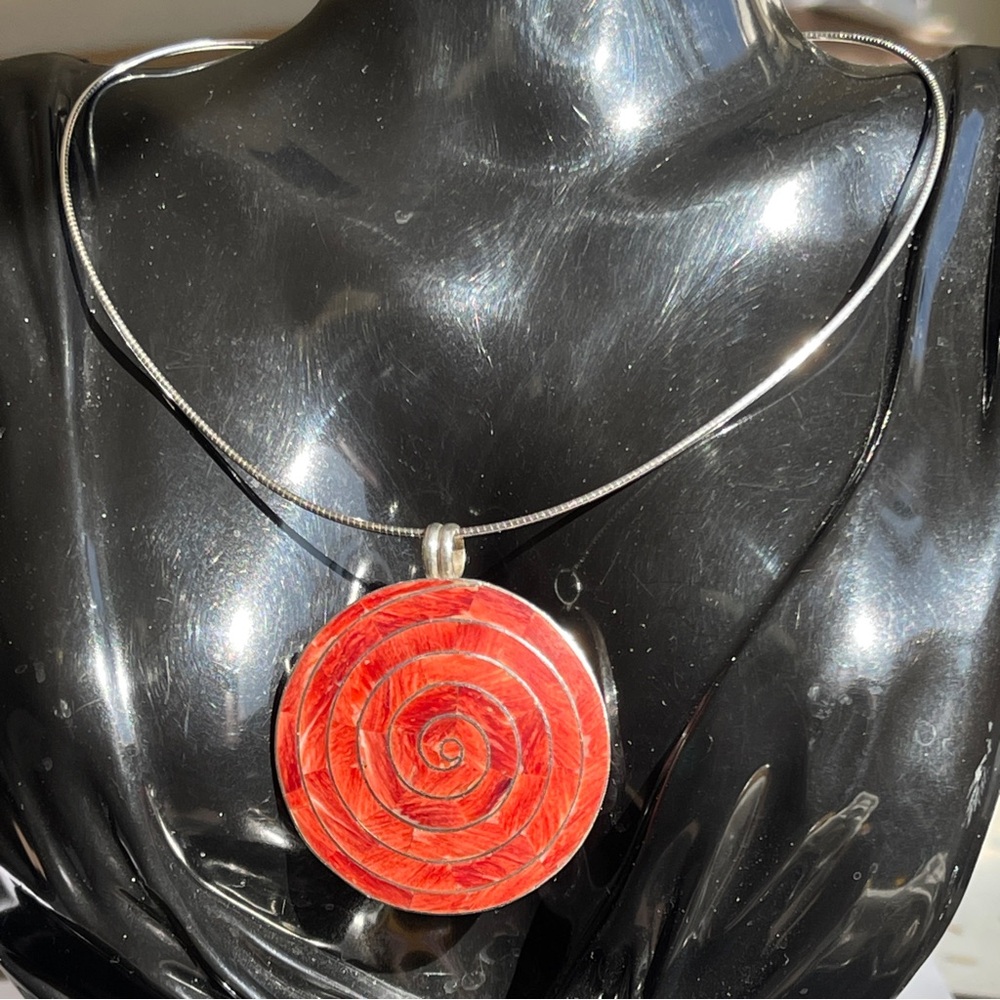 Vintage Spiny Oyster Shell Spiral Pendant Necklace 950 Sterling Silver